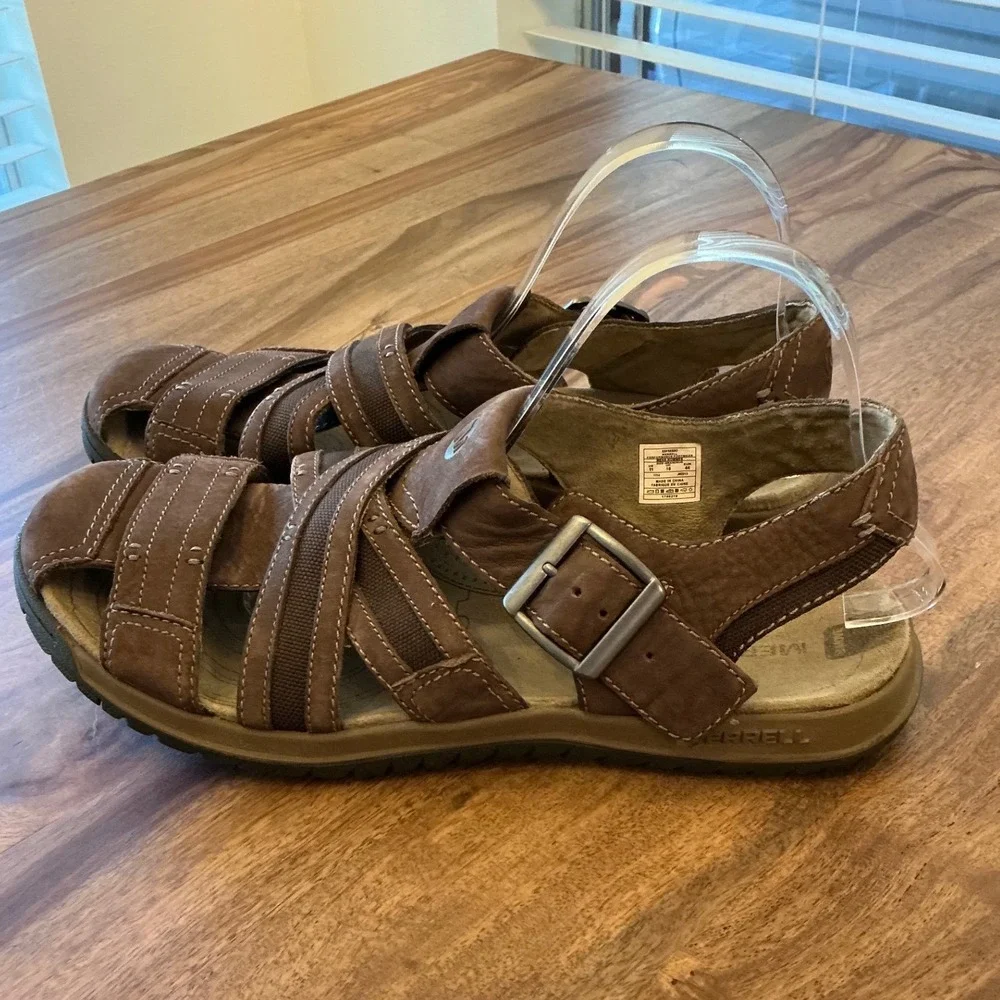 Merrell‎ Espresso Mens Brown Leather Comfort Sandals J82213 Size 11 Adjustable